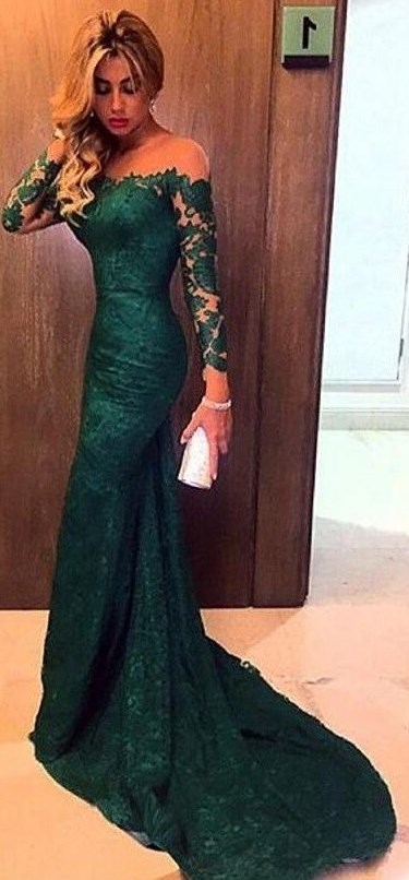 Long sleeve lace prom dress, Hunt Green prom dress, prom dress online, 2017 prom dress, Sexy prom dress