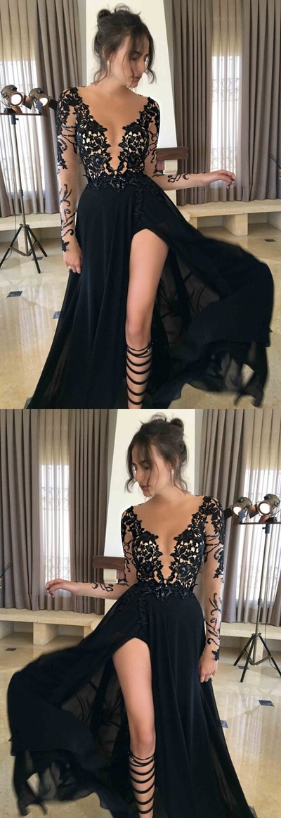 Black Prom Dress ,2017 Prom Dresses ,Wedding Party Gown ,formal dress,sexy prom dress,lone sleeve prom dress