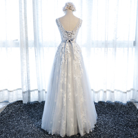 High quality gray tulle lace long prom dress, evening dress - Thumbnail 2