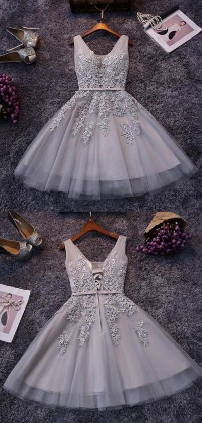 Cute A-line grey lace short prom dress,homecoming dresses,2017 homecoming dress,fashion short dress