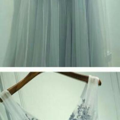 Tulle long party prom dresses, v neckline grey lace prom dresses, custom cheap prom dresses, 2017 prom dress, online prom dresses