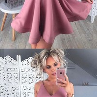 A-Line V-Neck Sleeveless Short Blush Satin Prom Homecoming Dress,short prom dress - Thumbnail 1