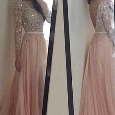 Long sleeve prom dresses, backless prom dress, long prom dress, sexy prom dress, pink 2017 prom dress