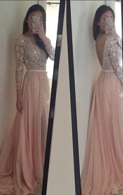 Long sleeve prom dresses, Backless prom dress, Long prom dress, Sexy prom dress, Pink 2017 prom dress
