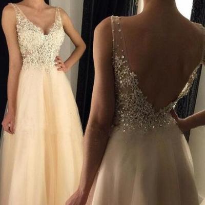 Lace appliques beaded v neck open back long champagne prom dresses 2017,long prom dresses