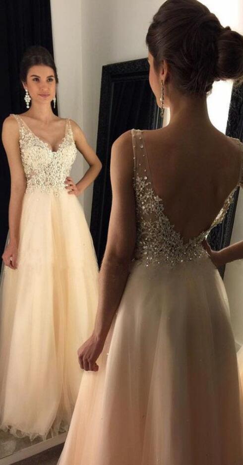 Lace Appliques Beaded V Neck Open Back Long Champagne Prom Dresses 2017,Long Prom Dresses