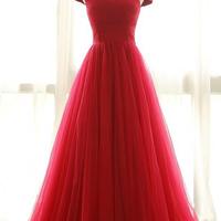 New Arrival Off-Shoulder A-Line Navy Blue Tulle Long Prom Dress - Thumbnail 1