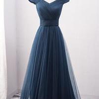 New Arrival Off-Shoulder A-Line Navy Blue Tulle Long Prom Dress - Thumbnail 2