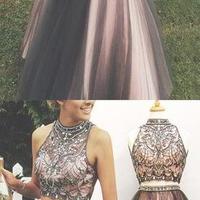 Two pieces prom dresses, A line Beaded prom dress, 2017 Tulle prom dress, Long prom dress - Thumbnail 4