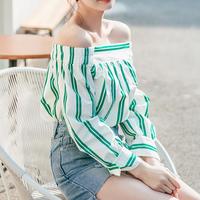 Off Shoulder Green Striped Blouse - Thumbnail 1