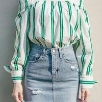 Off Shoulder Green Striped Blouse - Thumbnail 2