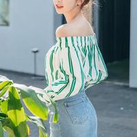 Off Shoulder Green Striped Blouse - Thumbnail 4