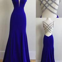 Sexy Spaghetti Straps Royal Blue Mermaid  Long Prom Dress with Beading - Thumbnail 3