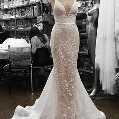 White lace mermaid long prom dress, formal dress,pd171403