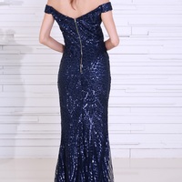 Navy Blue Sequin Evening Gown - Thumbnail 2