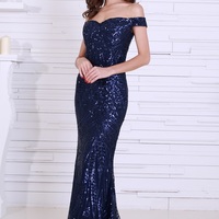 Navy Blue Sequin Evening Gown - Thumbnail 3