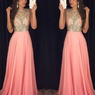 Sparkly crystal beaded pink round neck long prom dress, pink evening dress,pd171407
