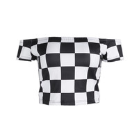 HARAJUKU CHECKER OFF SHOULDER TOP - Thumbnail 1