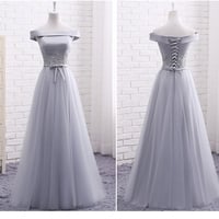 Elegant A line gray off shoulder long prom dress, short evening dresses - Thumbnail 3