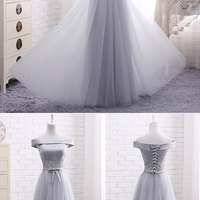 Elegant A line gray off shoulder long prom dress, short evening dresses - Thumbnail 4