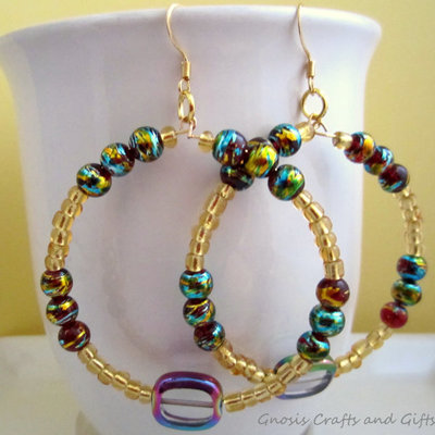 Gold and rainbow splash beaded hoop memory wire statement earrings