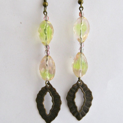  dangle earrings with jonquil glass beads and vintaj bronze leaf