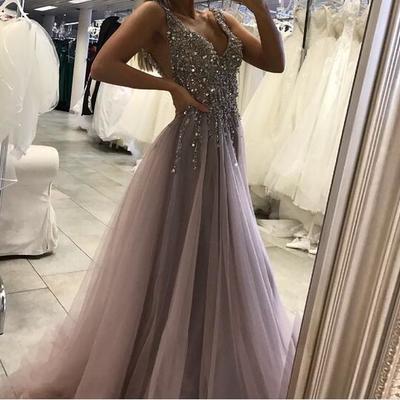 2018 light grey a line tulle prom dresses sexy deep v neck beading crystals evening formal dress gowns 