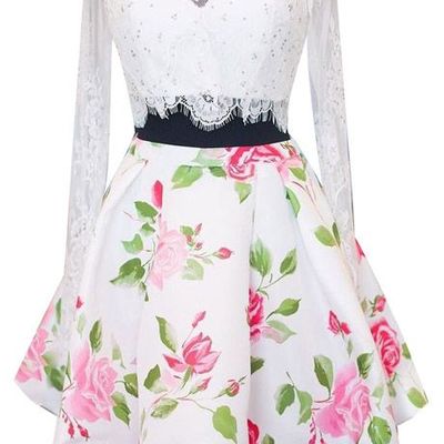 Two pieces homecoming dresses, floral print homecoming gowns, lace homecoming dress, mini short cocktail dress