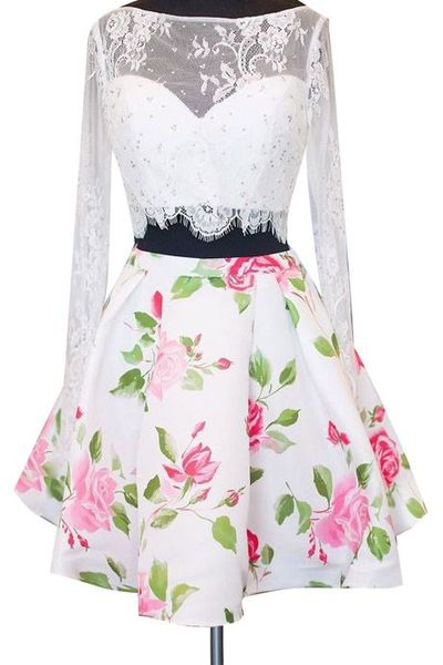 Two Pieces Homecoming Dresses, Floral Print Homecoming Gowns, Lace Homecoming Dress, Mini Short Cocktail Dress