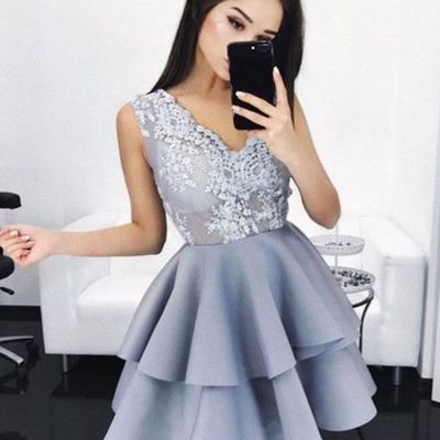 Light grey homecoming dresses, v neck lace bodice homecoming gowns, lace homecoming dress, mini short cocktail dress