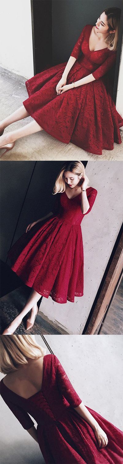 Burgundy Wine Red Homecoming Dresses, Lace Bodice Homecoming Gowns, Half Sleeve Homecoming Dress, Mini Short Cocktail Dress