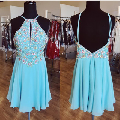 Turquoise homecoming dresses, beading crystals homecoming gowns, chiffon homecoming dress, mini short cocktail dress