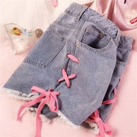 Pink lace up denim shorts - Thumbnail 1