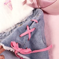 Pink lace up denim shorts - Thumbnail 3