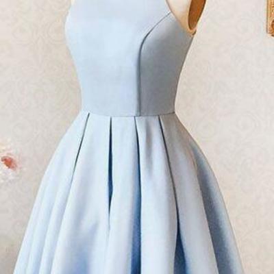 A-line halter light blue short homecoming dress,cute prom dress