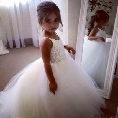 A-line straps princess cheap long white tulle flower girl dress
