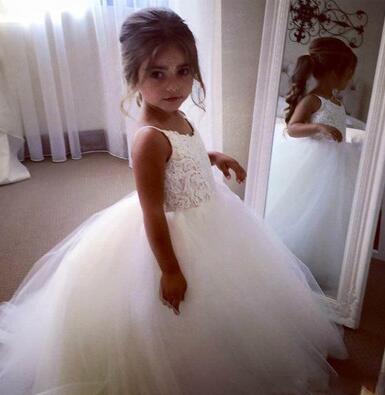 A-line Straps Princess Cheap Long White Tulle Flower Girl Dress