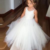 A-line Straps Princess Cheap Long White Tulle Flower Girl Dress - Thumbnail 2