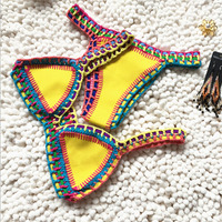 Yellow Crochet Patch Work Bikini Swimwear for Girls Two-pieces Swimsuits for Women - Thumbnail 1