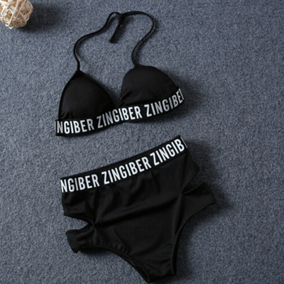 Cute halter high waist  tie up 2 pcs bikini swimsuits for girls letter printed swimwear for teens