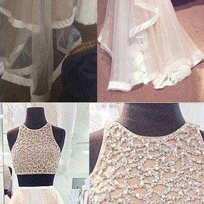 Two pieces long tulle prom dresses scoop neck crystals women party dresses - Thumbnail 5