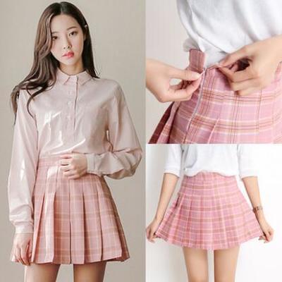 Pink/grey grid tall waist pleated skirt