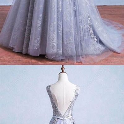 Scoop neck tulle prom dresses lace appliques women party dresses - Thumbnail 4