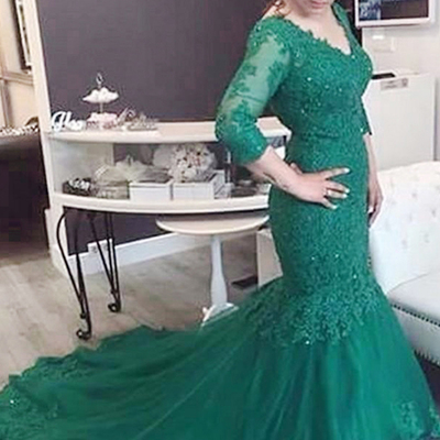 3/4 sleeves mermaid tulle prom dresses lace appliques women party dresses