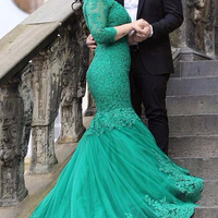 3/4 Sleeves Mermaid Tulle Prom Dresses Lace Appliques Women Party Dresses - Thumbnail 1