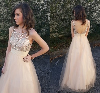 Scoop Neck A-line Pink Tulle Prom Dresses Crystals Women Party Dresses