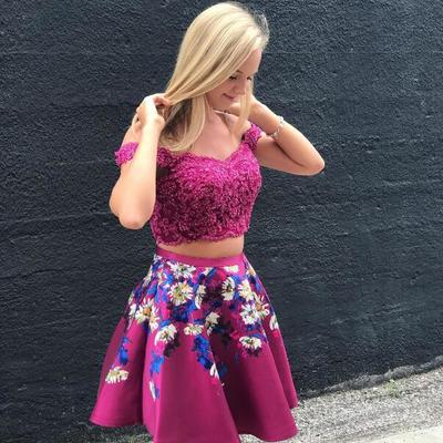 Sexy two piece fuchsia off the shoulder prom dresses homecoming dresses for junior