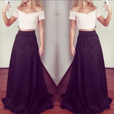 Off shoulder two pieces black satin prom dresses floor length women dresses