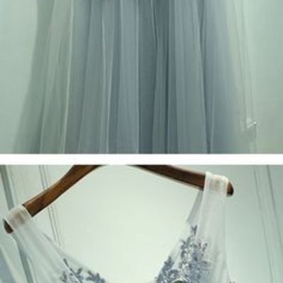 V-neck long tulle prom dresses lace appliques women party dresses - Thumbnail 4