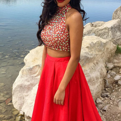 Two pieces red satin prom dresses crystals women party dresses